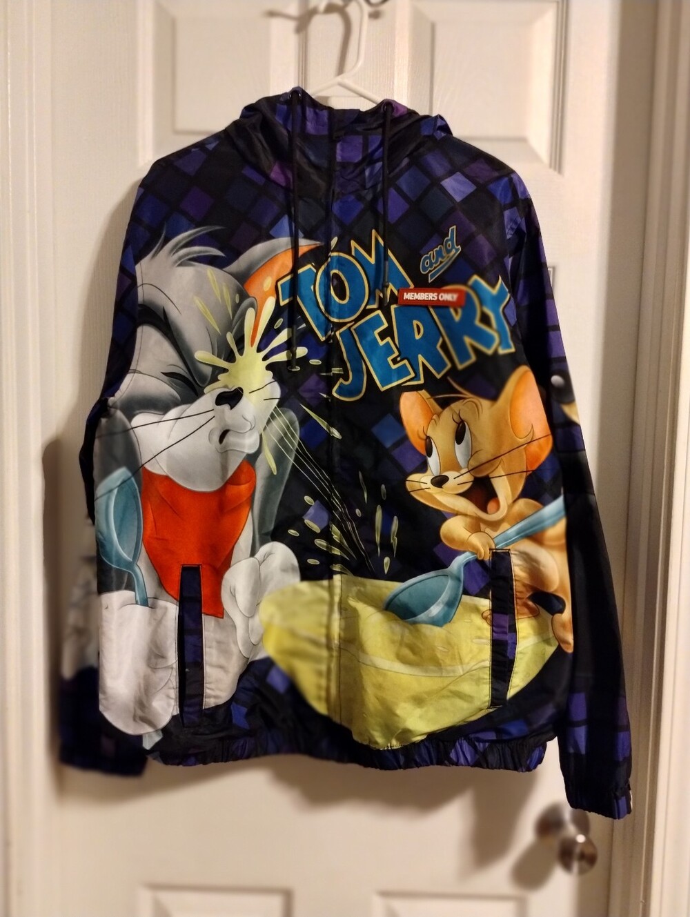 Members Only x Tom and Jerry Windbreaker Jacket Size L Purple Black All Over Pri